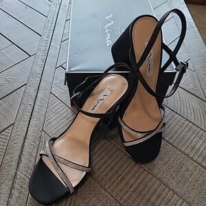 Nina Shoes Steven Platform Heel Womens 9 Crystal X Strap Black Luster Satin